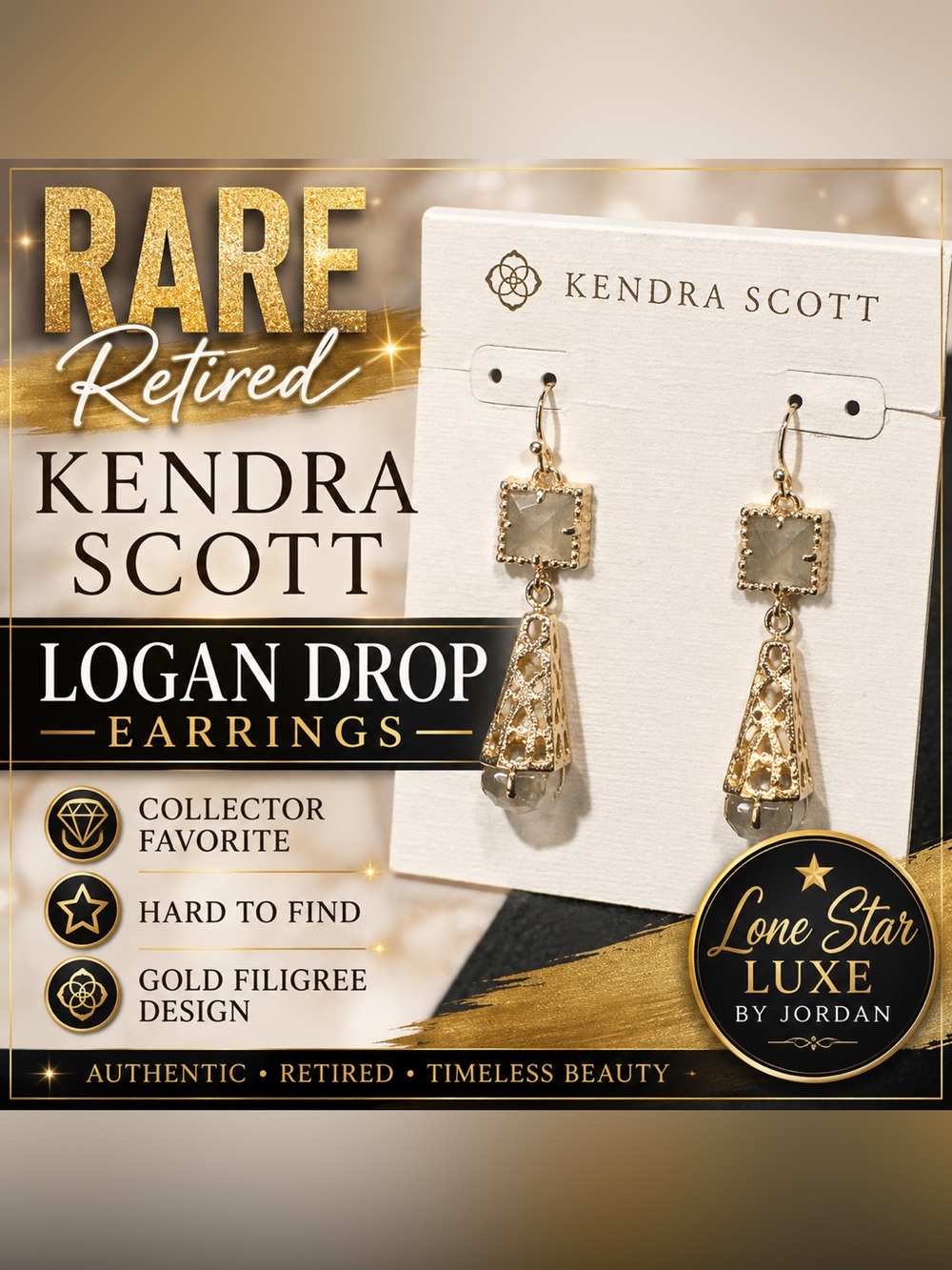 RARE Retired Kendra Scott Logan Drop Earrings Gold Filigree Gray Crystal HTF